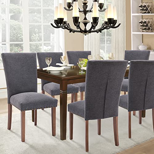 Image of Parsons Dining Chairs Set of 4, Upholstered Nailhead Dining Room Kitchen Side Chair with Thick Cushions and Wood Legs, Dark Grey