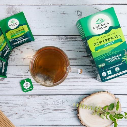 Image of A TATA Product - Organic India Tulsi Green Tea Classic - 25 Tea Bags, Uplifts Mood, Rich in Antioxidants, Blend of Rama, Krishna & Vana Tulsi, Certified Organic (Pack of 3)