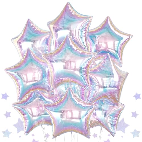 10PCS Iridescent Laser Star Foil Balloons Transparent Laser Foil Stars Shape Balloons 18 Inch Colorful Stars Balloon Aluminum for Birthday Baby Shower Wedding Party Decoration