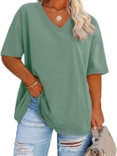 Fisoew Women's Large Sizes T-Shirt Half Sleeve Shirt with V-Neck Summer Loose Basic Top Oversize Short Sleeve Cotton Tee Tops