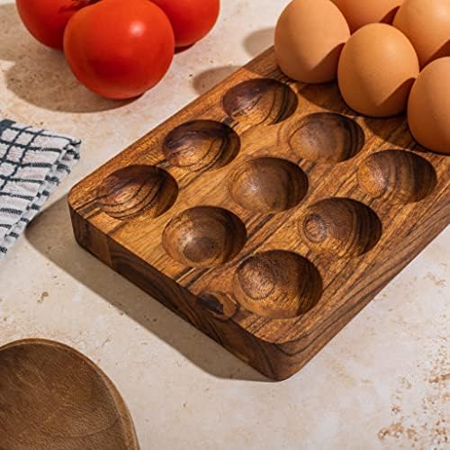 The K Family Wooden Crate Egg Holder  18 Hole Wooden Tray Egg Cup  Premium Acacia Wood with Beeswax Finish  Egg Storage Kitchen Rack Ideal for Display, Fridge Storing