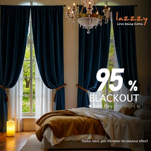 Image of Extra Long Dark Blue Velvet Curtains Rod Pocket 52x108 Inch 2 Panels | Soft Velvet, For Tall Windows & High Ceilings, Light Shifting Texture, Elegant Drape, Classic, Luxury