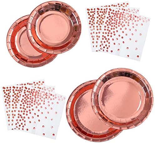 ANECO 98 Piece Rose Gold Party Tableware Set Party Supplies Disposable Dinnerware Paper Plates and Napkins for Party, Birthday, Wedding