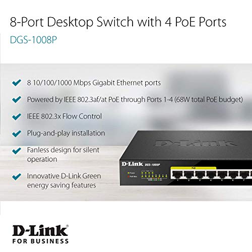 D-Link DGS-1008P Netzwerk-Switch mit 8 Ports und PoE