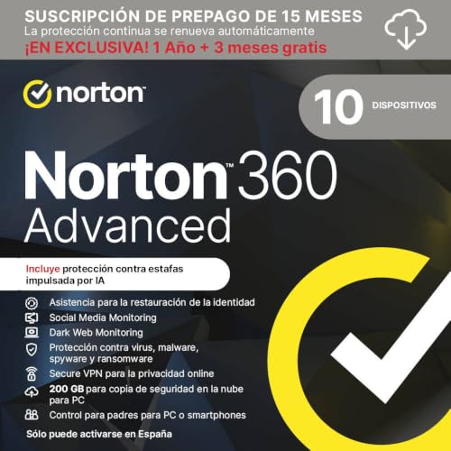 Norton 360 Advanced 2026 │ 10 Dispositivos │ 15 meses renovación automática │ Social Media, Dark Web Monitoring y VPN │ Código por email