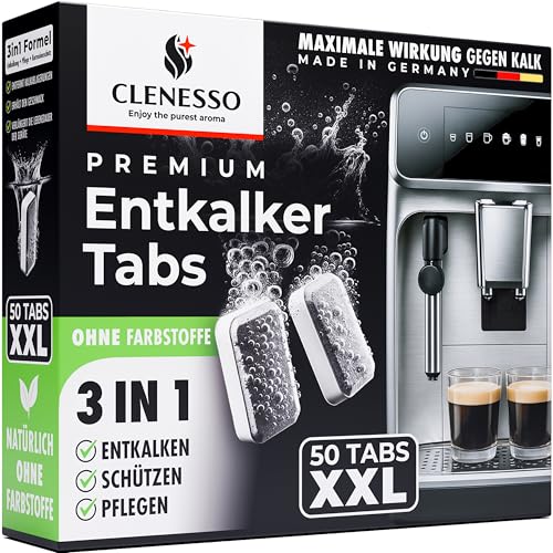 CLENESSO 3-in-1 Entkalker für Kaffeevollautomat & Kaffeemaschinen (50 Stück) – Entkalkungstabletten kompatibel mit Siemens eq Series, Jura, Krups, Delonghi, Philips, Miele uvm. - Beste Entkalkung