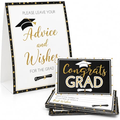 Gift Boutique 50 Graduation Advice Cards Double Sided with Table Sign Black and Gold Grad Party Guest Book Alternative