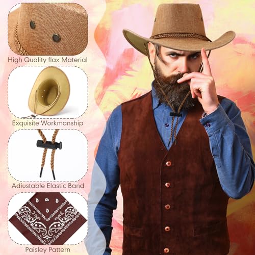 Image of Zhanmai 12 Pcs Cowboy Hat and Bandana Cowboy Cowgirl Hats Bulk Western Party Costume Halloween Accessory