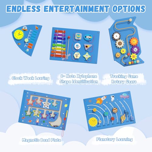 Image of Spacocld Rocket Activity Wall Busy Board Panels - Sensory Wall Panel for Kids, Montessori Toddler Wall Activity Board, Wall Toys for Toddlers 3, Activity Cube, Wooden Multi-Activity Boards, Blue(5PCS)
