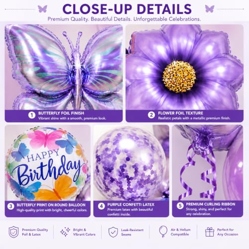 Image of AMFIN (Pack of 7) Large Butterfly Foil Balloons 34 Inch Gradient Birthday Party Decorations | Helium & Air Compatible - Purple