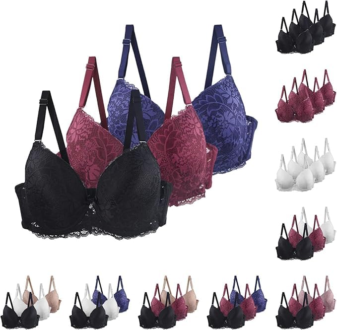 Paquete de 3 Sujetadores Muje Copa Sujetador Deportivo sin Aros con Relleno Encaje Sexy para Mujer Lencería Talla Grande Ropa Interior Mujer Push Up Sujetadores