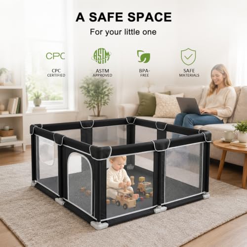 Image of Foldable Playpen for Babies and Toddlers, 50 inchx50 inch Portable Play Yard with Mat, Kids Collapsible Play Pen with Sturdy Metal Frame & Mesh Walls, Indoor & Outdoor Baby Fence Play Area