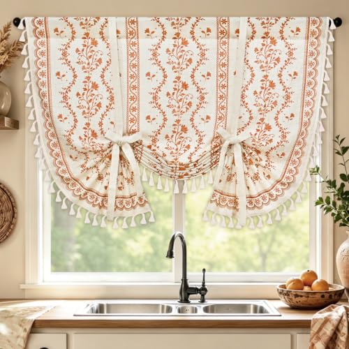 Image of Yinhua Boho Tie Up Curtains for Windows Vintage Linen Valance Light Filtering Floral Valance Rod Pocket Rustic Adjustable Tassel Window Valances for Bathroom, 42 inch W X 45 inch L, White Orange