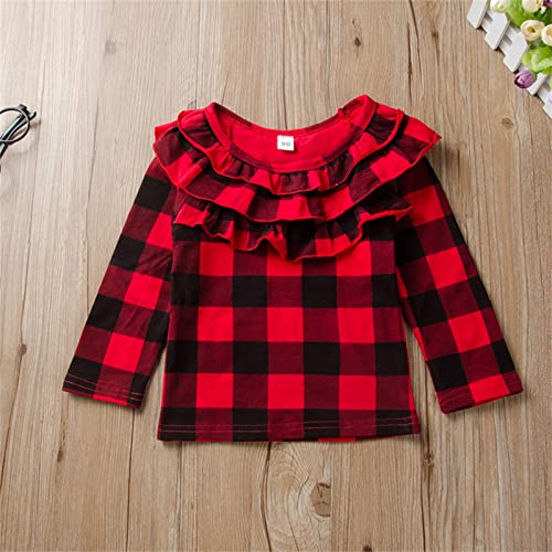 Blusa infantil bebê meninas babados xadrez manga longa blusa camiseta de couro sólido (vermelho, 3-4