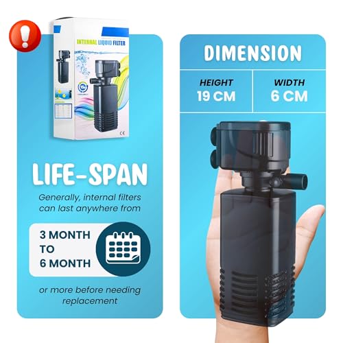 Buraq 4-in-1 Aquarium Filter, High Power 15W, 880 L/H, Submersible Internal Pump for Crystal Clear Water Suitable for 1.5 – 2.5 Ft Medium Fish Tanks