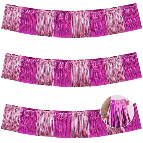Image of BEISHIDA 3 Packs Metallic Foil Fringe Garland Pink Mix Wall Hanging Tinsel Fringe Banners for Car Floats Birthday Baby Bridal Shower Wedding Graduation Holiday Party Decoration(30 Feet)