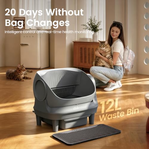 Image of Self Cleaning Litter Box, Open Top 105L Automatic Litter Box for Multiple Cats, App Control, Safety Sensor, Anti-Pinch, Includes Mat & Liner - Gray