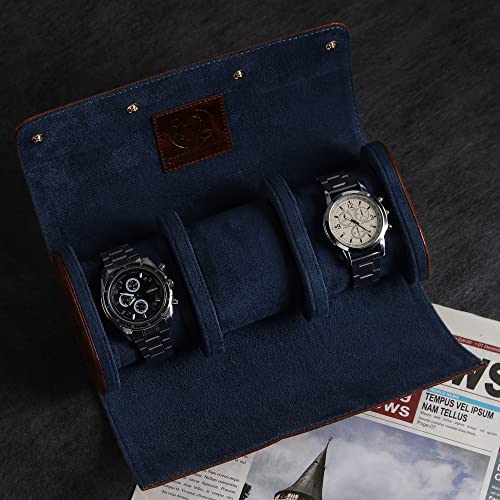 Image of Genuine Napa Leather Watch Roll Travel Case for 3 Watches - Travel Watch Rolls and Leather Watch Display Cases with Velvet Interior - Watch Storage Organizer Men's