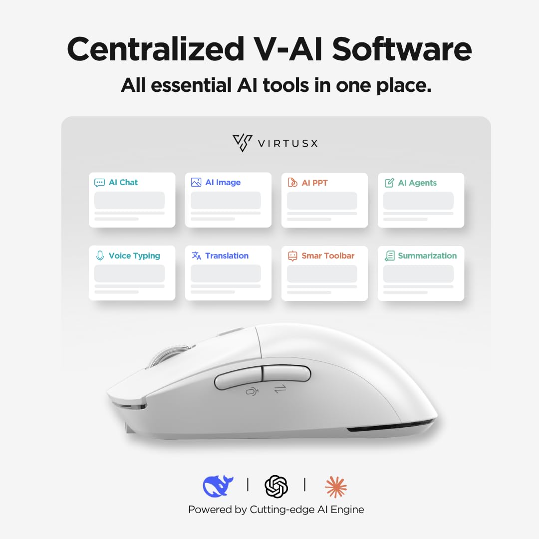 Virtusx AI-Maus, Jethro V1, Powered by ChatGPT & DeepSeek zentralisierte KI-Software, KI-Schreibwerkzeuge, Sprachtippen, Transkribieren, Übersetzen und Zusammenfassen (weiß)