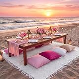Moukeren 10 Pcs 71''x102'' Extra Large White Outdoor Boho Picnic Blanket with Table Runner and 8 Throw Pillow Covers Oversized Washable Portable Beach Blanket for Picnic Camp Lawn Wedding(Pink)