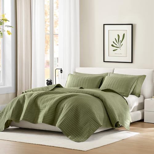 Comfort Spaces Twin Quilt Set Modern Reversible Plaid Coverlet Twin Bedding Set Cozy Quilted Winter Layer, All Season Lightweight Soft Twin Size Quilt, Kienna, Twin/Twin XL Olive Green 2 Piece