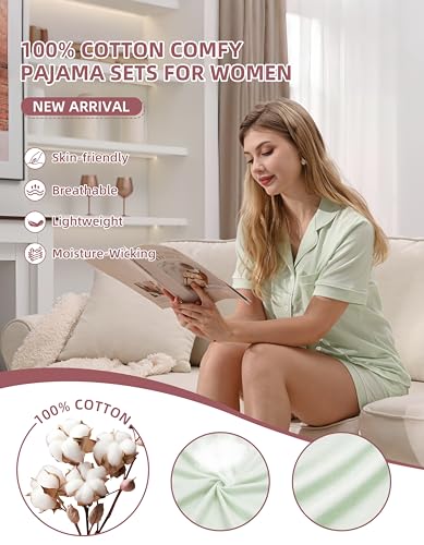 Image of NAP BOUND 100% Cotton Pajamas for Women Sets 2 Pieces Pjs Button short sleeves with Pockets Soft Sleepwear Loungewear XS-XXL