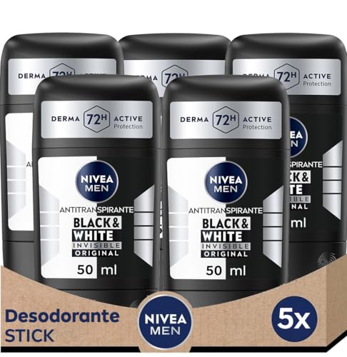 NIVEA MEN Black & White Invisible Original - Desodorante Antitranspirante de Hombre - 72h Protección Anti Sudor - 0% Alcohol - Tecnología Antimanchas Patentada - Todo tipo de Piel - Stick 5 x 50 ml