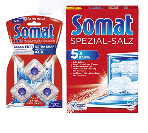 Somat - Set de limpieza para lavavajillas (sal especial, 1,2 kg, incluye limpiador Duo para máquinas, 3 pastillas)