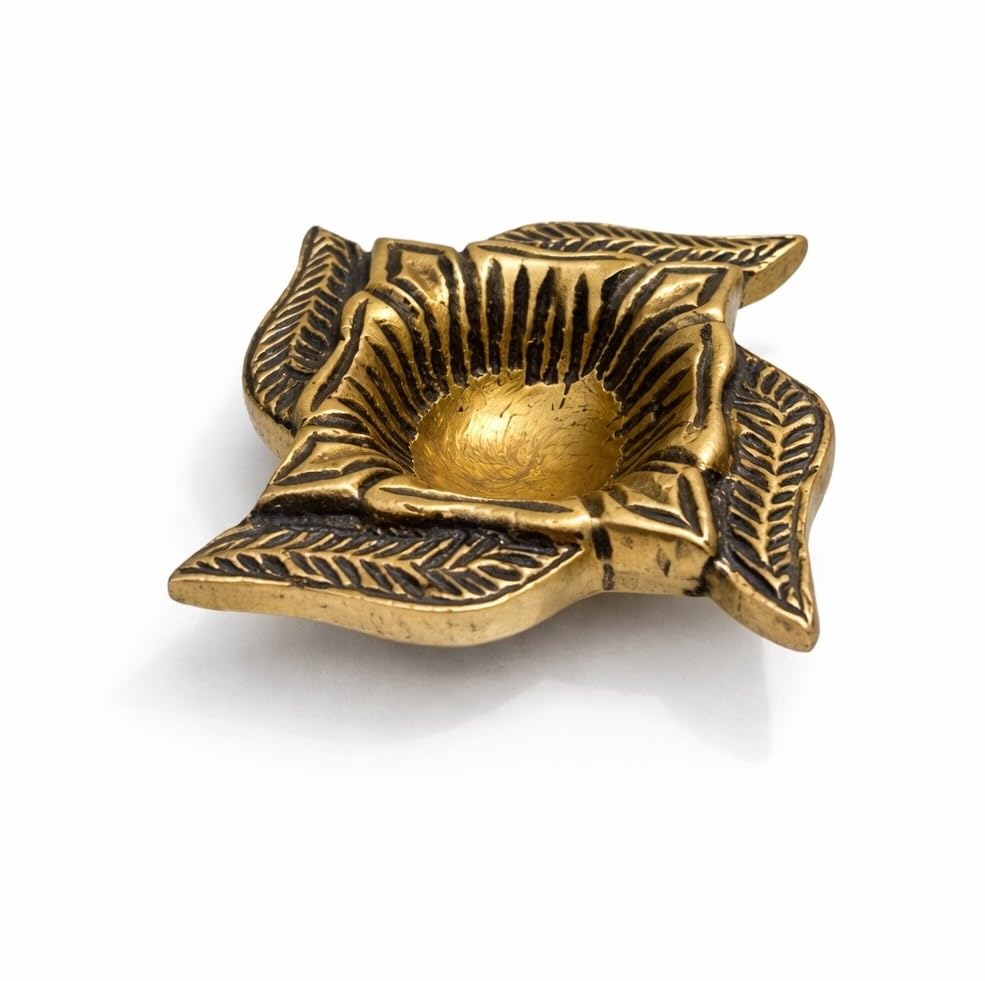Image of Pure Solid Brass Diya for Pooja (100g) | Small Oil Lamp for Mandir | Antique Gold Floral Diya | Diwali Decoration, Home Temple Decor, Traditional Puja Deepam, Return Gift Item