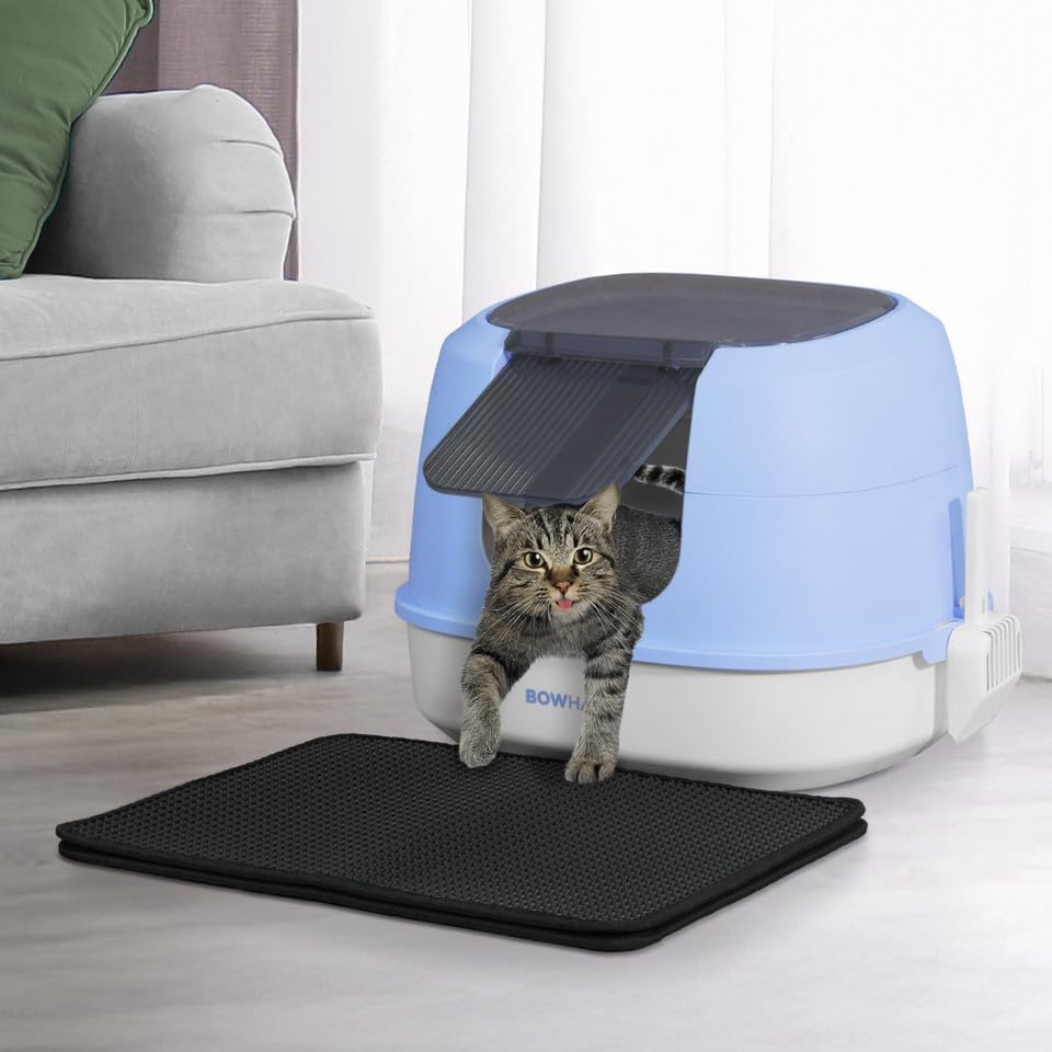 BOWHAUS Detachable Cat Litter Box with Lid, 3-in-1 Cat Toilet of Cats, Large Space Anti-Leakage Cat Litter Box with Scoop, Cat Mat & Odor Fitter, Blue