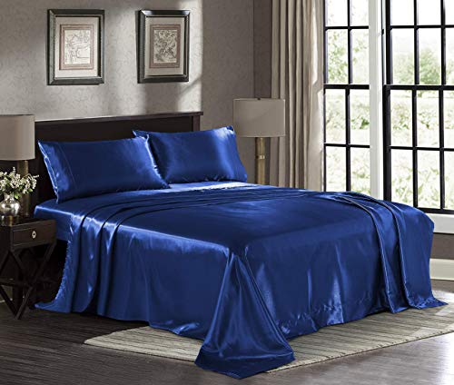 Taj Linens Premium Quality Luxurious 100% Pure Silk Like Satin 6 Pieces Stain-Resistant Bedsheet Set (Fitted Sheet 18'' Deep Pocket + Flat Sheet + 4 Pillowcases Set) Twin XL, Royal Blue