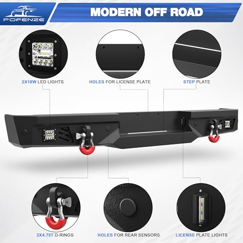 POFENZE 09-14 F150 Rear Bumper Full Width Offroad Bumper w/Step Plate, 2x18w Lights, D-rings, License Plate Lights for 2009-2014 Ford F150 Pickup Trucks (Excluding Raptor)