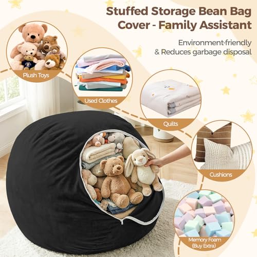 Image of Stuffed Animal Storage Bean Bag Chair Cover for Kids (No Filler), Soft Comfy Velvet Beanbag Chair Cover Machine Washable, Kids Bean Bag Chair with Handle for Living Room Bedroom Dorm, Black