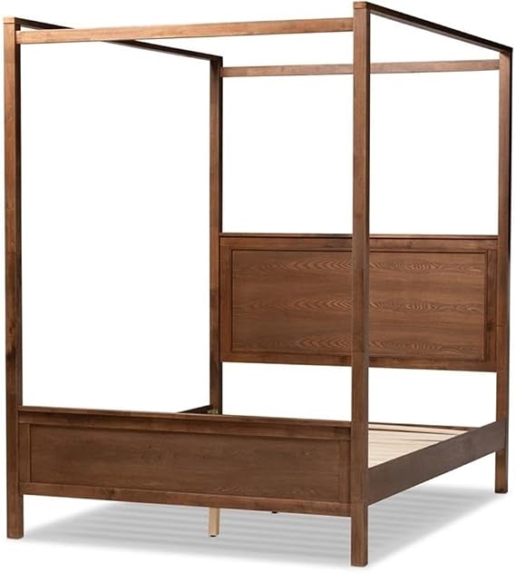BOWERY HILL Modern Wood King Size Platform Canopy Bed, Walnut Brown Finish, Rubberwood and MDF Construction, Slats for Mattress Support, Tall Beams for Drapes, Bedroom Furniture, 79.9 W x 85.4 D x