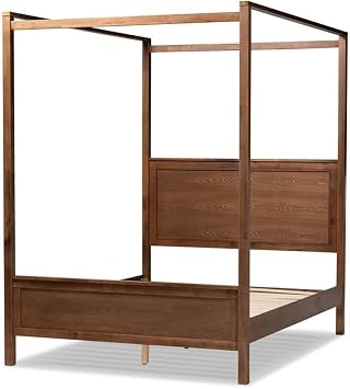 BOWERY HILL Modern Wood King Size Platform Canopy Bed, Walnut Brown Finish, Rubberwood and MDF Construction, Slats for Mattress Support, Tall Beams for Drapes, Bedroom Furniture, 79.9 W x 85.4 D x