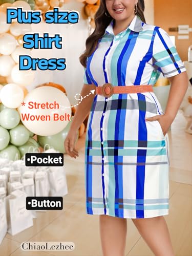 Image of ChiaoLezhee Plus Size Shirt Dress, Colorful Plaid Match Waistband, Fits 1XL-5XL