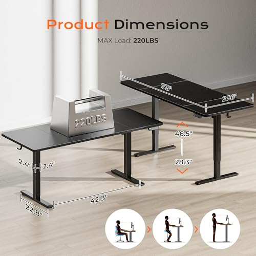 Image of Huuger 63 x 28 Large Electric Standing Desk, Height Adjustable Computer Desk, 27.6 inch Deep Desktop, Stand up Gaming Office Table with 2 Hooks, 3 Preset Heights, for Home Office, Black