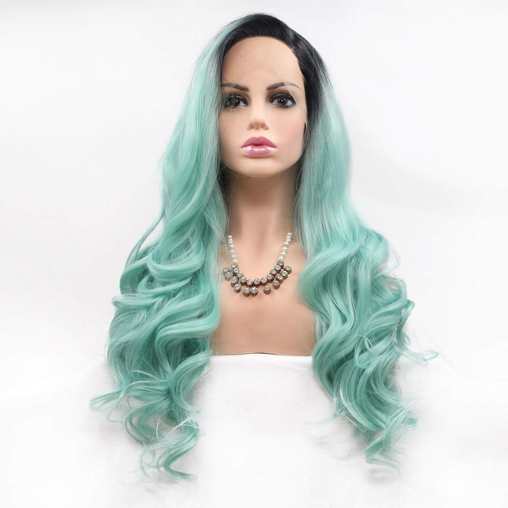 Perruque avant dentelle vert grand cheveux bouclés ondulés en fibre synthétique pour femme