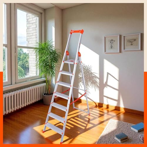 Image of Bathla Elevate 7-Step Foldable Aluminium Ladder for Home with Tool Tray | Anti-Skid | Durable, Heavy Duty, Safe & Stylish | 5-Year Warranty | Orange