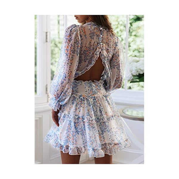 Dokotoo-Womens-Spring-Summer-Deep-V-Neck-Ruffle-Long-Sleeve-Floral-Print-Mini-Dress Dokotoo Womens Sun Casual V Neckline Long Sleeve Open Back Floral Print Mini Dress Bohemian Fashion Skater A Line Ruffle Hem Beach Dresses White Medium