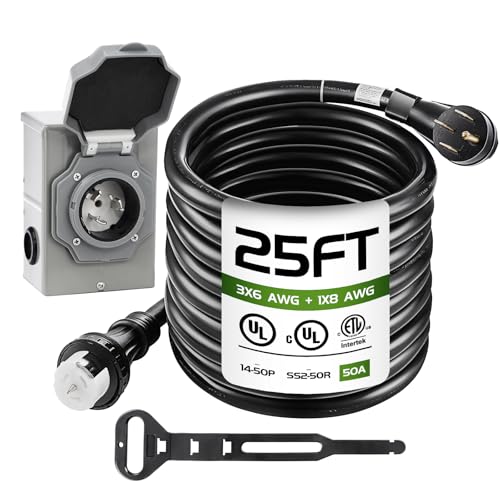 ZBPRESS 25FT 50 Amp Generator Cord with Power Inlet Box,Heavy Duty STW 6/3 + 8/1 Power Cord N14-50P & SS2-50R & CS6364 Twist Lock Connector
