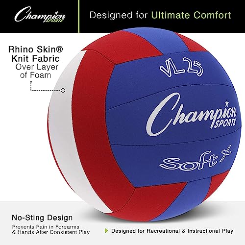 Champion Sports Fabric Volleyball with No-Sting Cover, Indoor - Soft Volleyballs for Beginners - Red/Blue