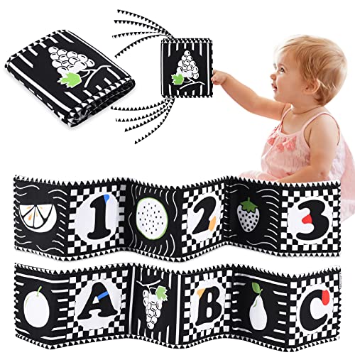 Image of Black and White High Contrast Baby Toys Book - Folding Tummy Time Toys Newborn Toys 0-3 Months Brain Development for Early Education Infant Babies Boys Girls Sensory Soft Cloth Books