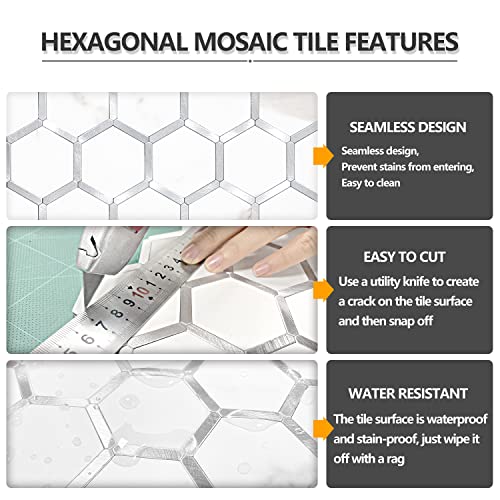 Stickgoo Hexagon Peel And Stick Backsplash Tile, Stick On Backsplash For Kitchen And Bathroom, White Marble Look Pvc Mixed Metal Silver Self Adhesive Wall Tiles(10 Sheets, Seamless) #TOP3