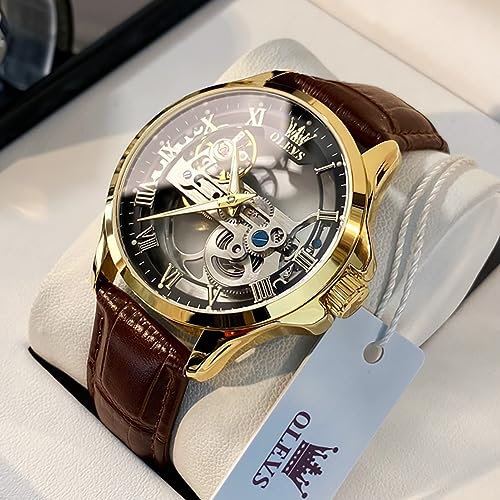 Image of OLEVS Mechanical Dress Mens Watches Square Brown Leather Strap Moon Phase Skeleton Tourbillion Day Date Waterproof Luminous Men's Wrist Watches