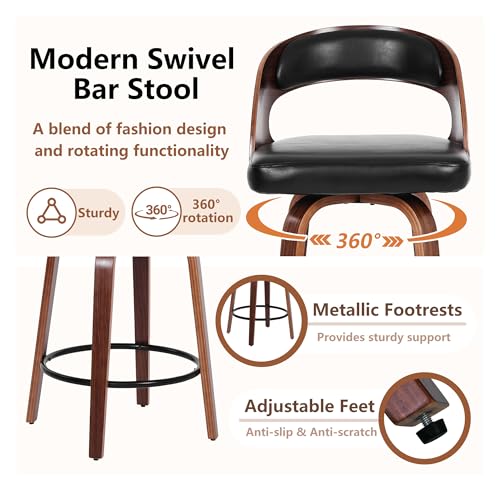 Image of Swivel Bar Stools Set of 2, 26 inch Counter Height Bar Stools with Curved Backrest, Mid-Century Modern PU Fabric Modern Island Chairs with Footrest, for Kitchen, Bar, Restaurant, Cafe, Black