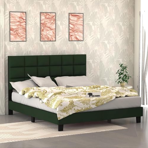 Image of Wooden Modern Upholstered Queen Size Bed for Bedroom | Wooden Double Bed Without Storage | Platform Cot Upholstered Bed with Upholstery Fabric | Engineered Wood | 6.5 x 5 Ft | Green-A