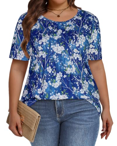 Image of Plus Size Tops for Women Summer Pleated Short Sleeve Shirts Casual Blouses | Floral or Boho Tunic, Trendy Summer Outfits, Loose Fit Business Clothes, XL to 6XL