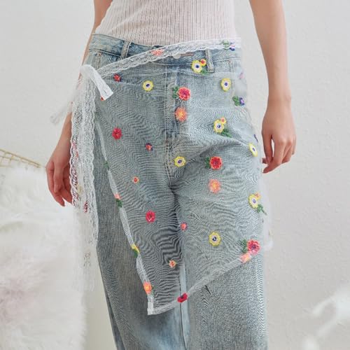 Women Korean Layering Mesh Half Skirt Hip Scarf Embroidery Colorful Flower Hip Covering Lace Up Bandage Apron Wrap Skirt4