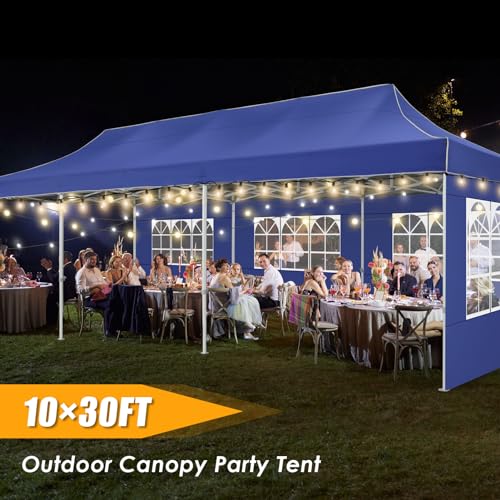 Image of HOTEEL 10x30 Heavy Duty Pop Up Canopy with Sidewalls, Instant Commercial Party Event Wedding Tent, Waterproof UV 50+, Thickened Hexagonal Legs Tent with Carry Bag, Deep Blue